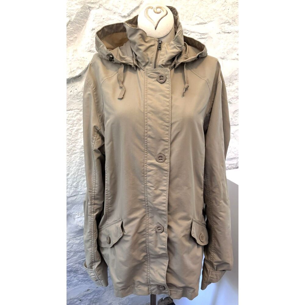 Lands' End Women's M 10-12 Hooded Rain Jacket Khaki Mesh Lined Nylon Windbreaker